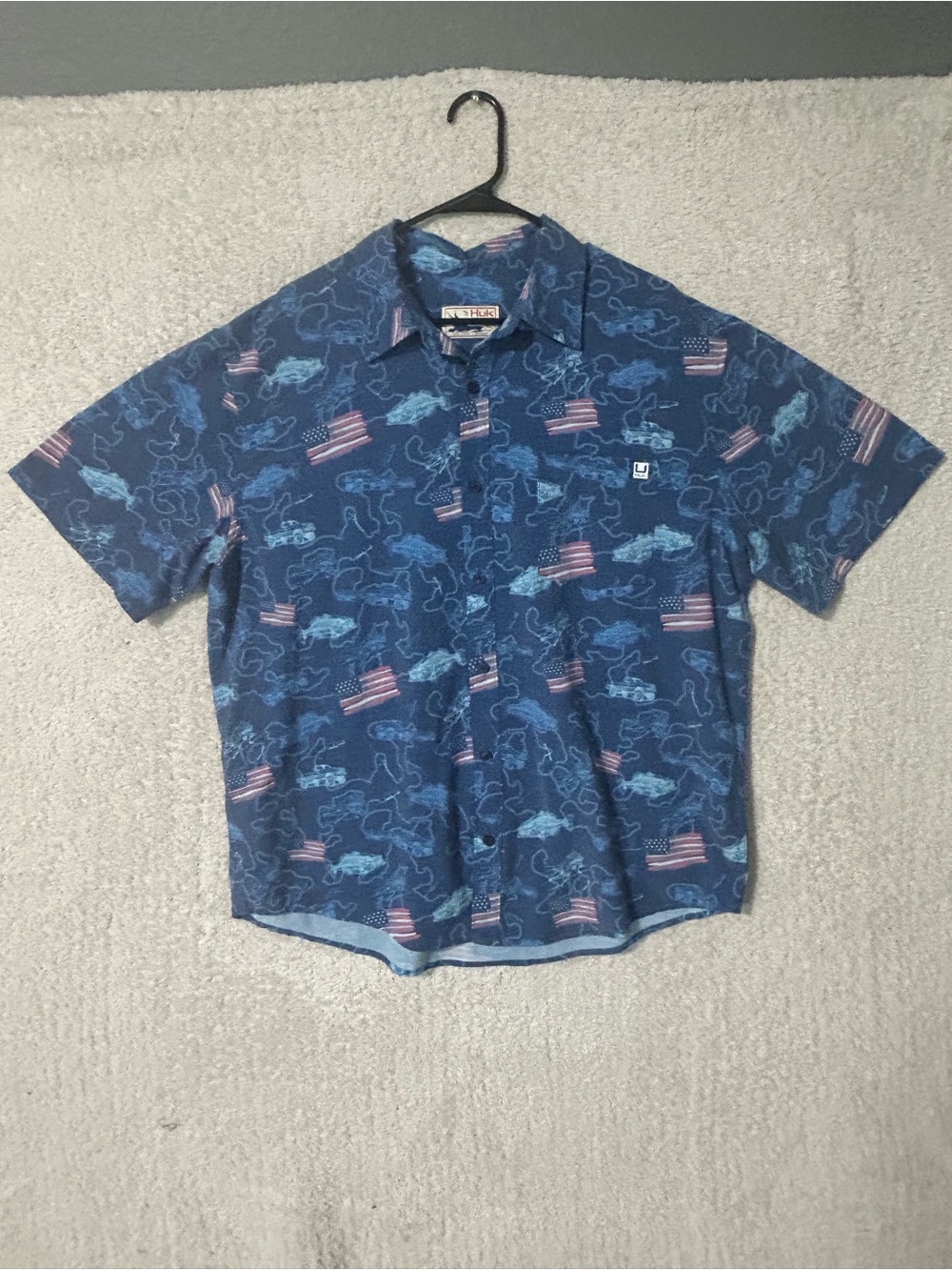 Huk Performance Fishing Shirt Blue White XL. American Flag Gorpcore Outdoor